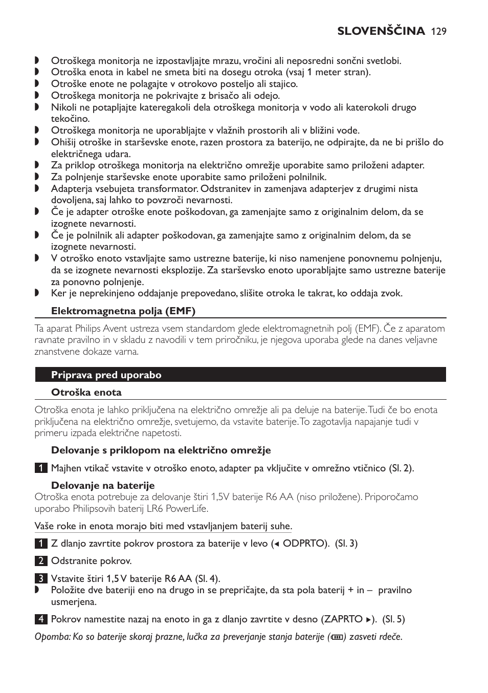 Elektromagnetna polja (emf), Priprava pred uporabo, Otroška enota | Delovanje s priklopom na električno omrežje, Delovanje na baterije | Philips SCD498 User Manual | Page 129 / 160