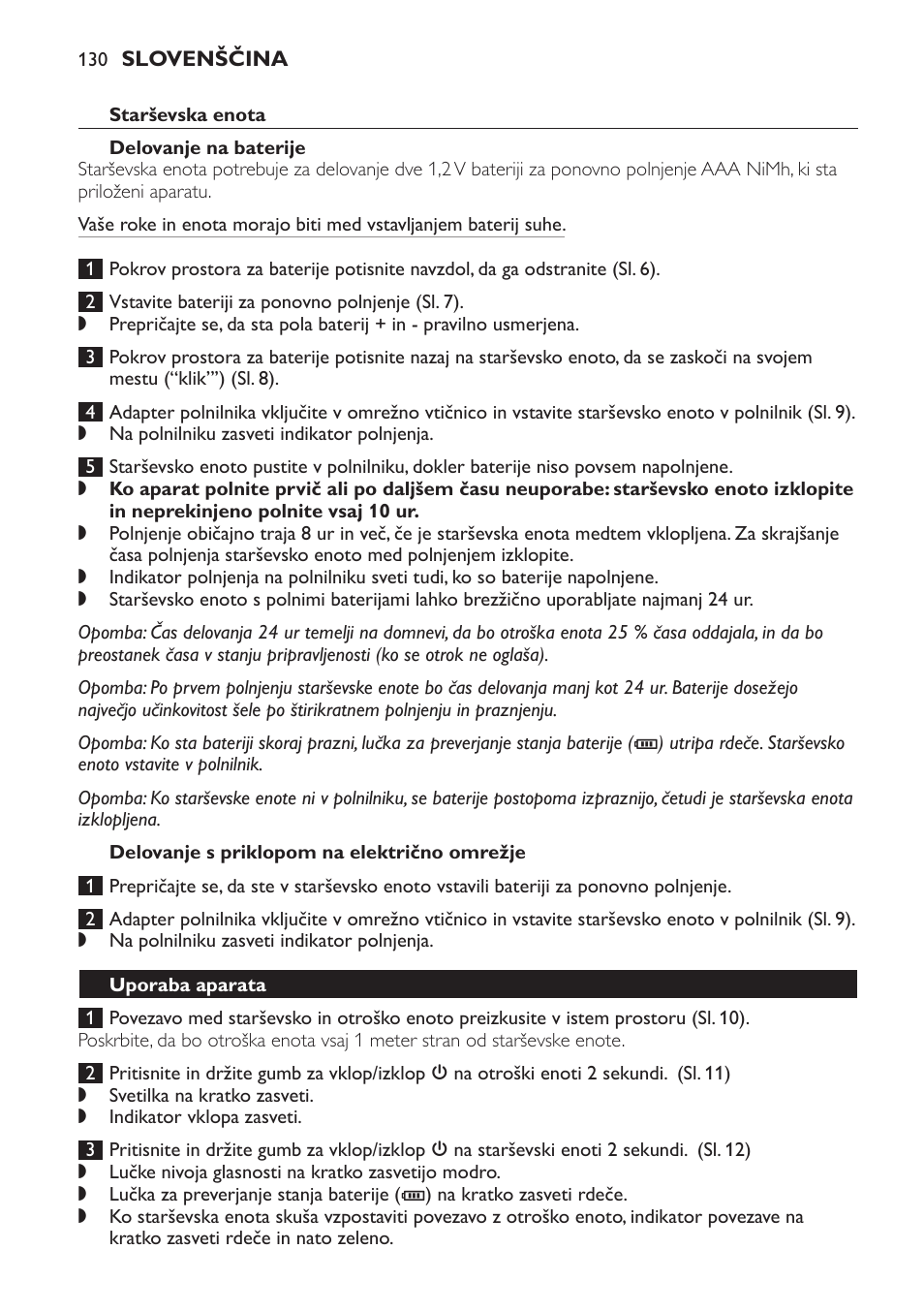 Starševska enota, Delovanje na baterije, Delovanje s priklopom na električno omrežje | Uporaba aparata | Philips SCD498 User Manual | Page 130 / 160