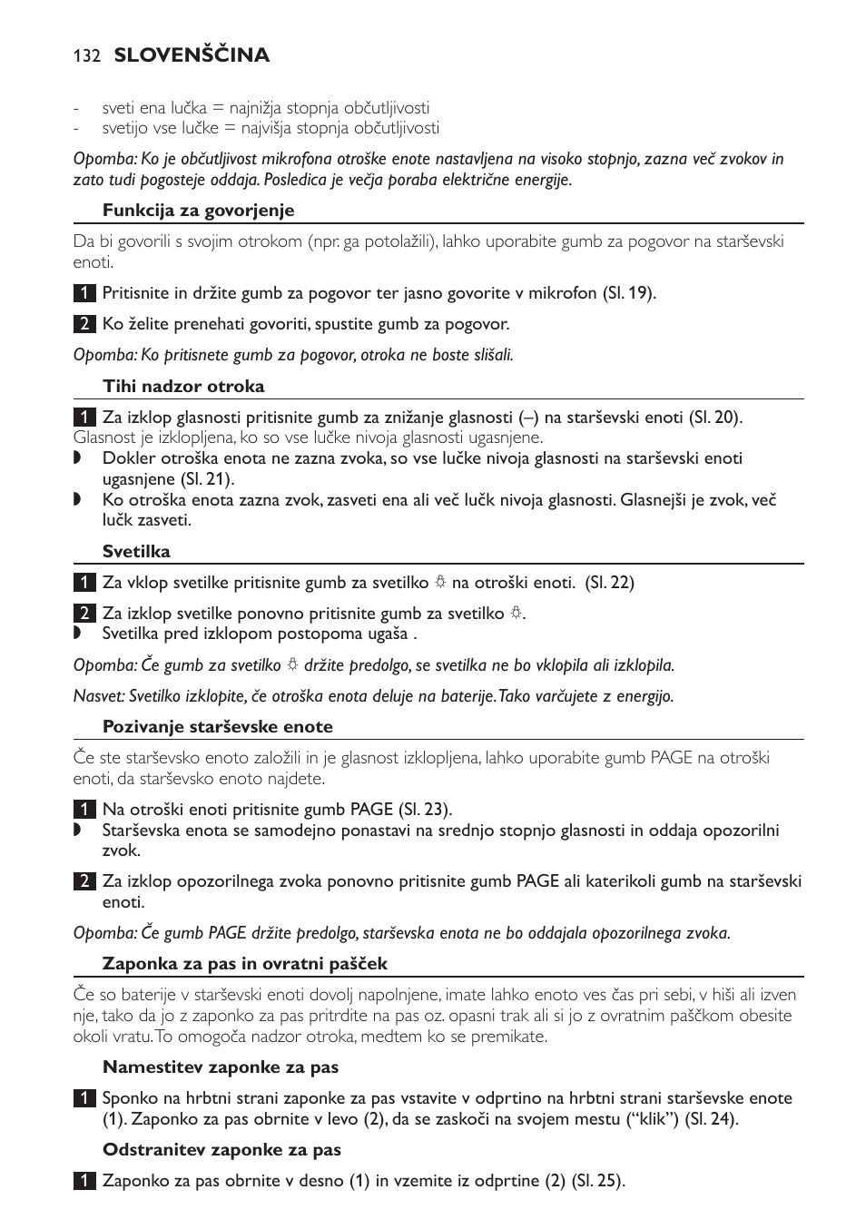 Funkcija za govorjenje, Tihi nadzor otroka, Svetilka | Pozivanje starševske enote, Zaponka za pas in ovratni pašček, Namestitev zaponke za pas, Odstranitev zaponke za pas | Philips SCD498 User Manual | Page 132 / 160