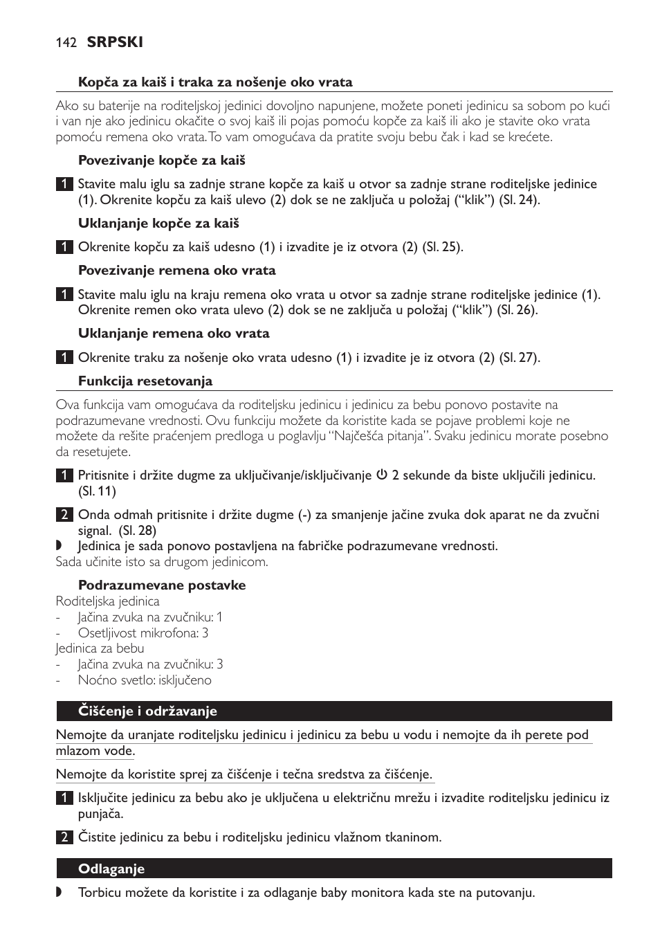 Kopča za kaiš i traka za nošenje oko vrata, Povezivanje kopče za kaiš, Uklanjanje kopče za kaiš | Povezivanje remena oko vrata, Uklanjanje remena oko vrata, Funkcija resetovanja, Podrazumevane postavke, Čišćenje i održavanje, Odlaganje | Philips SCD498 User Manual | Page 142 / 160