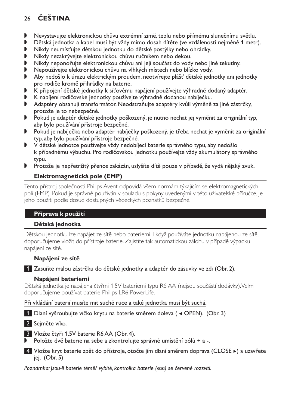 Elektromagnetická pole (emp), Příprava k použití, Dětská jednotka | Napájení ze sítě, Napájení bateriemi | Philips SCD498 User Manual | Page 26 / 160