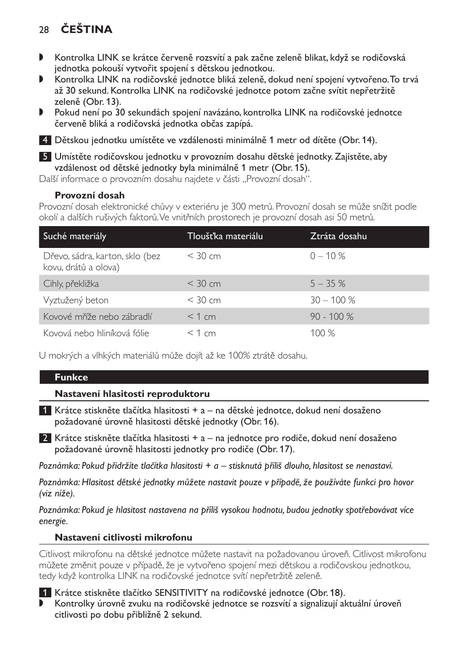 Provozní dosah, Funkce, Nastavení hlasitosti reproduktoru | Nastavení citlivosti mikrofonu | Philips SCD498 User Manual | Page 28 / 160