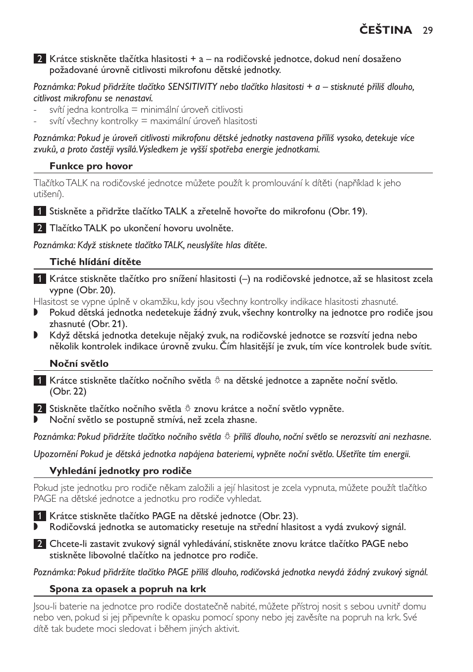 Funkce pro hovor, Tiché hlídání dítěte, Noční světlo | Vyhledání jednotky pro rodiče, Spona za opasek a popruh na krk | Philips SCD498 User Manual | Page 29 / 160