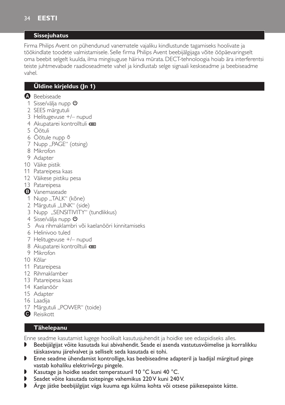 Eesti, Sissejuhatus, Üldine kirjeldus (jn 1) | Tähelepanu | Philips SCD498 User Manual | Page 34 / 160