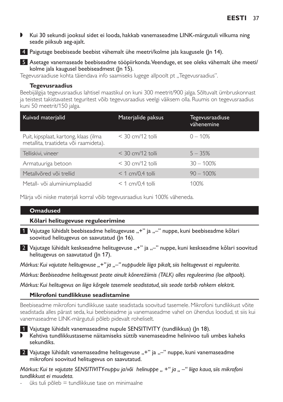 Tegevusraadius, Omadused, Kõlari helitugevuse reguleerimine | Mikrofoni tundlikkuse seadistamine | Philips SCD498 User Manual | Page 37 / 160