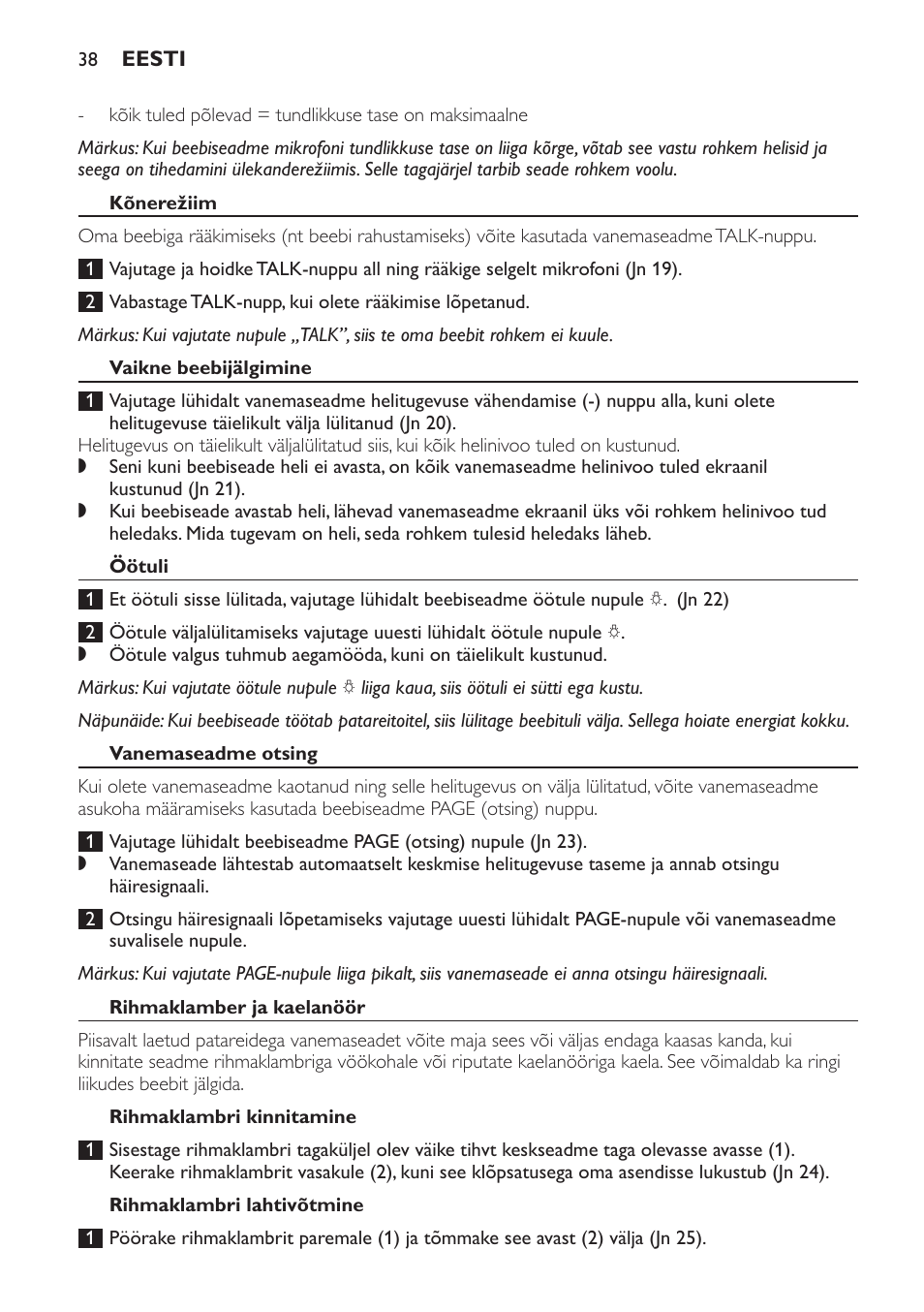 Kõnerežiim, Vaikne beebijälgimine, Öötuli | Vanemaseadme otsing, Rihmaklamber ja kaelanöör, Rihmaklambri kinnitamine, Rihmaklambri lahtivõtmine | Philips SCD498 User Manual | Page 38 / 160