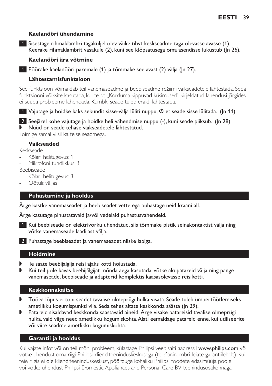 Kaelanööri ühendamine, Kaelanööri ära võtmine, Lähtestamisfunktsioon | Vaikseaded, Puhastamine ja hooldus, Hoidmine, Keskkonnakaitse, Garantii ja hooldus | Philips SCD498 User Manual | Page 39 / 160