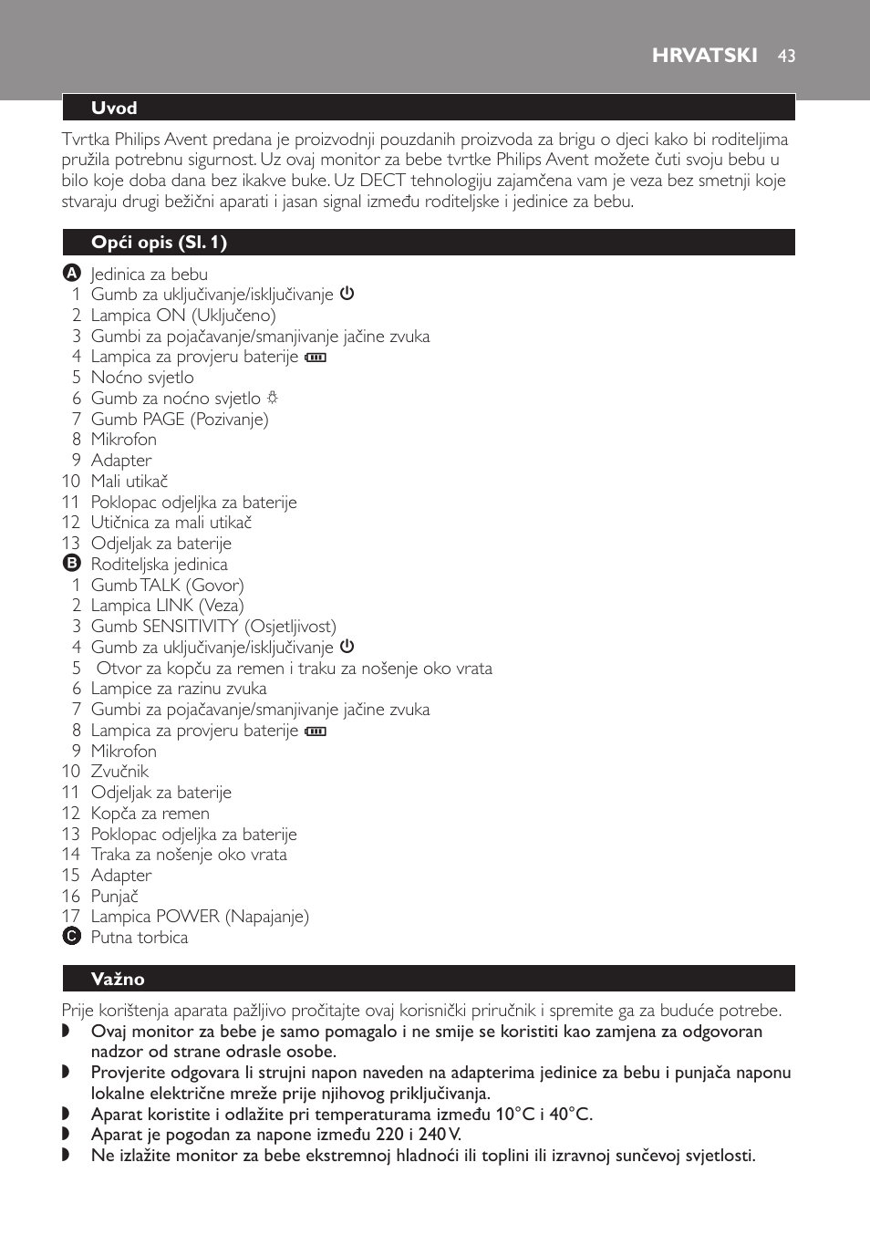 Hrvatski, Uvod, Opći opis (sl. 1) | Važno | Philips SCD498 User Manual | Page 43 / 160