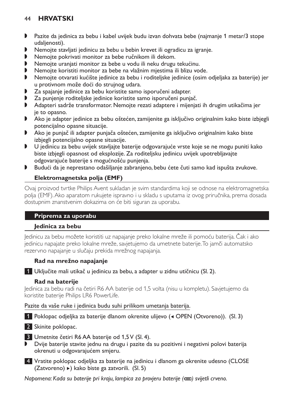 Elektromagnetska polja (emf), Priprema za uporabu, Jedinica za bebu | Rad na mrežno napajanje, Rad na baterije | Philips SCD498 User Manual | Page 44 / 160