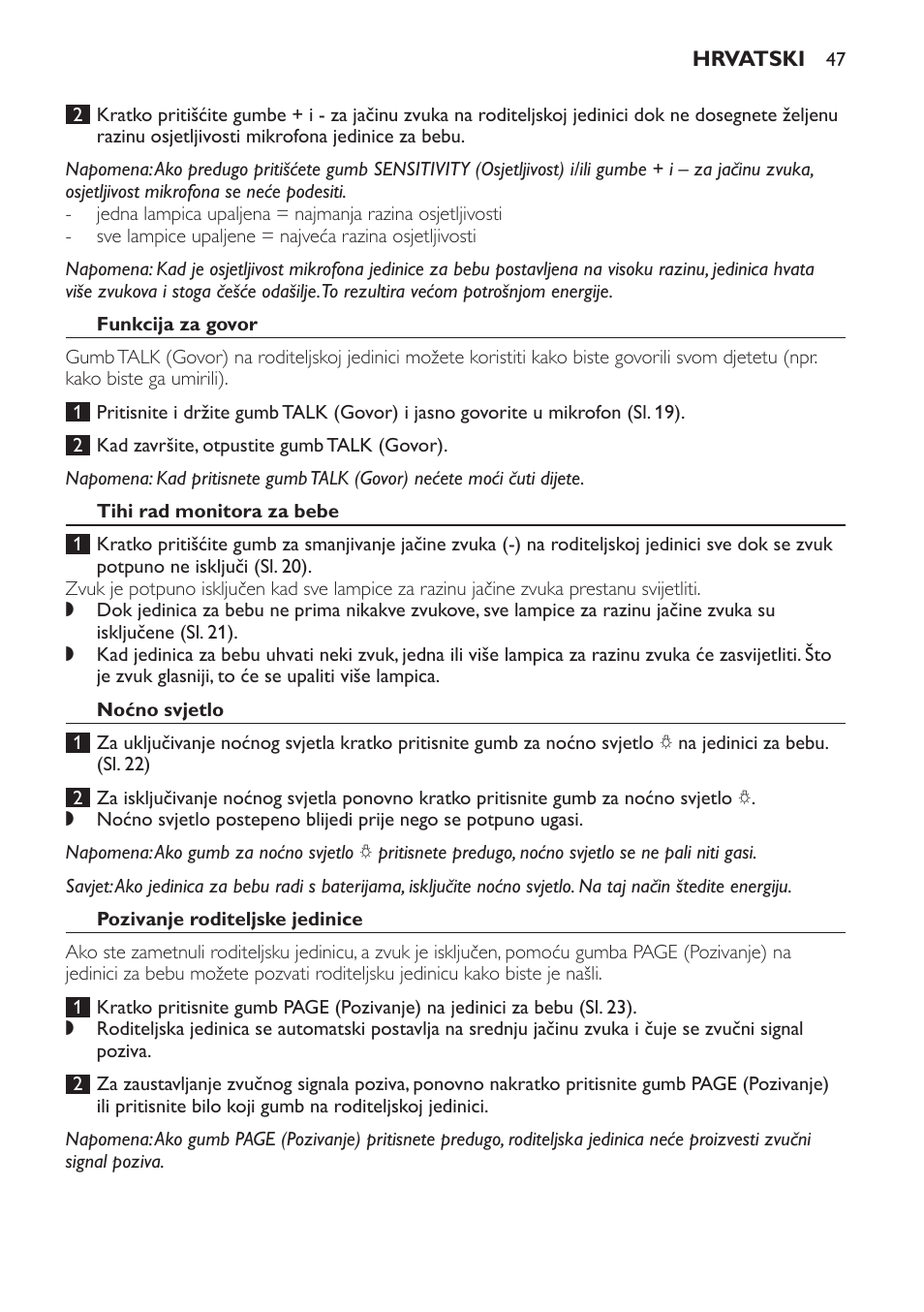 Funkcija za govor, Tihi rad monitora za bebe, Noćno svjetlo | Pozivanje roditeljske jedinice | Philips SCD498 User Manual | Page 47 / 160