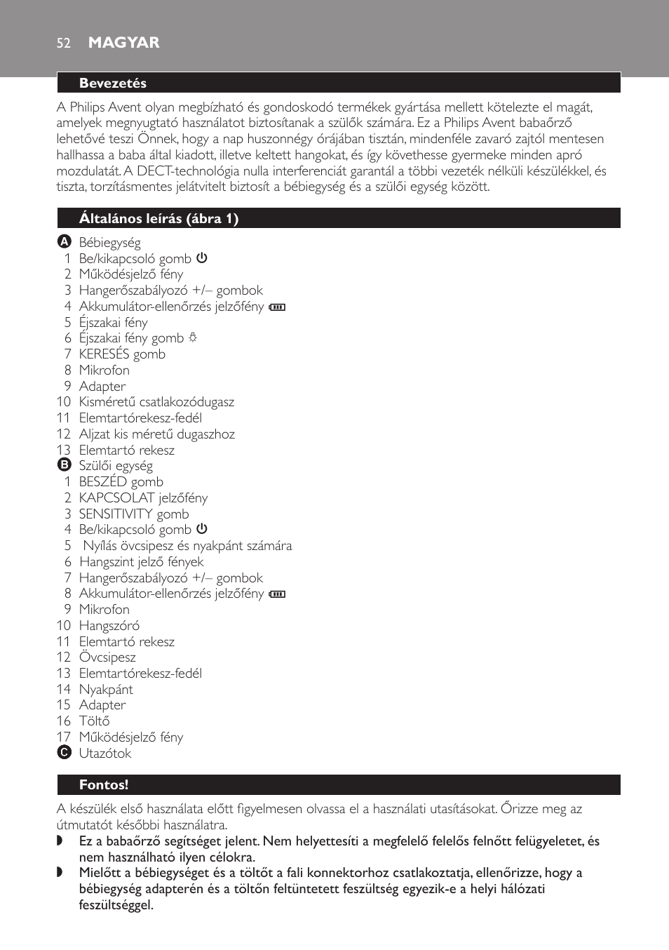 Magyar, Bevezetés, Általános leírás (ábra 1) | Fontos | Philips SCD498 User Manual | Page 52 / 160