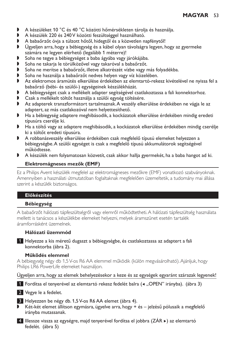 Elektromágneses mezők (emf), Előkészítés, Bébiegység | Hálózati üzemmód, Működés elemmel | Philips SCD498 User Manual | Page 53 / 160