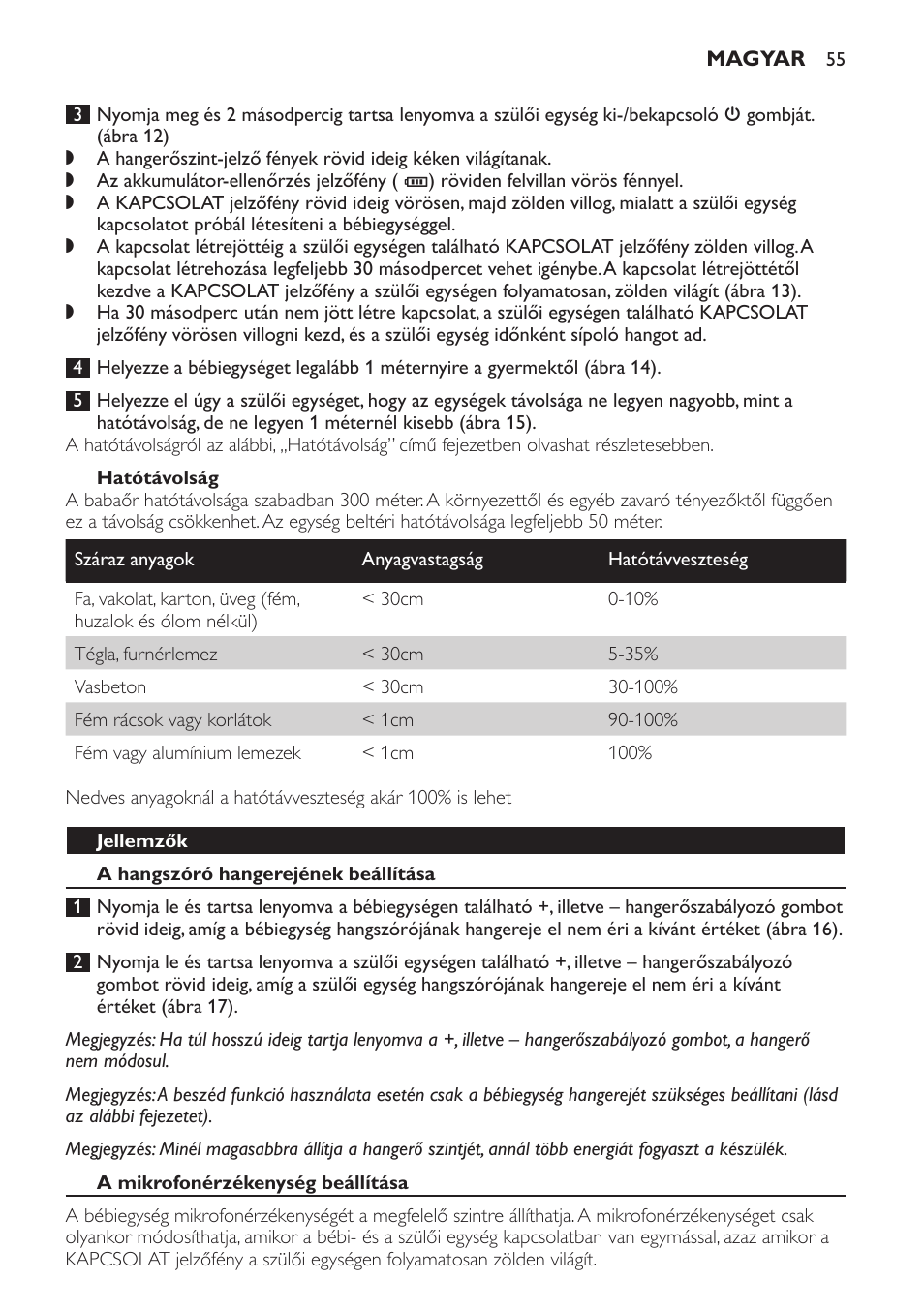 Hatótávolság, Jellemzők, A hangszóró hangerejének beállítása | A mikrofonérzékenység beállítása | Philips SCD498 User Manual | Page 55 / 160