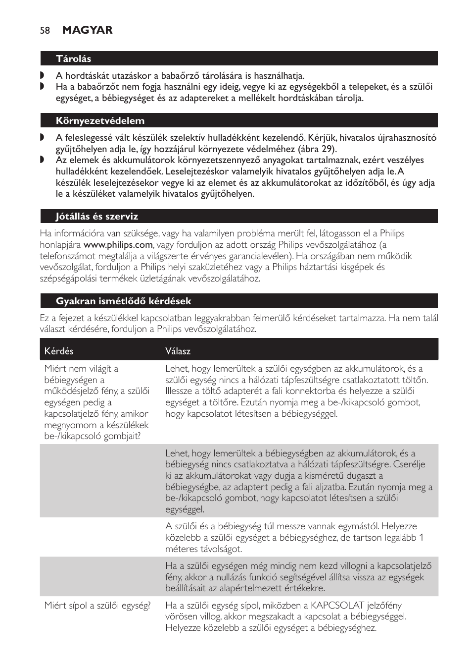 Tárolás, Környezetvédelem, Jótállás és szerviz | Gyakran ismétlődő kérdések | Philips SCD498 User Manual | Page 58 / 160