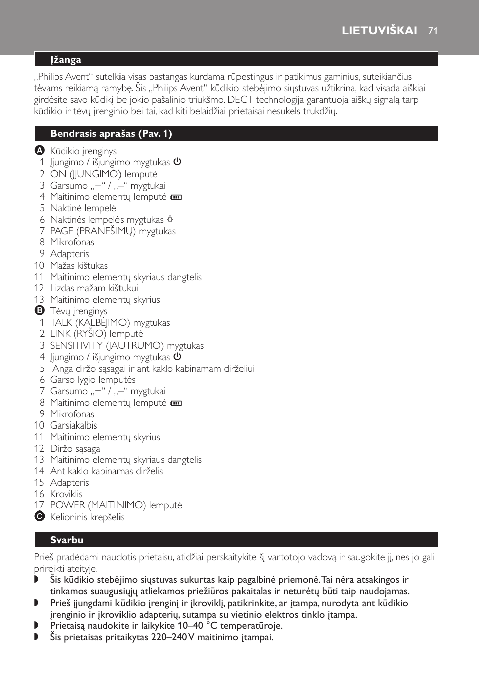 Lietuviškai, Įžanga, Bendrasis aprašas (pav. 1) | Svarbu | Philips SCD498 User Manual | Page 71 / 160