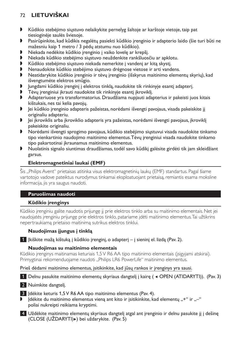 Elektromagnetiniai laukai (emf), Paruošimas naudoti, Kūdikio įrenginys | Naudojimas įjungus į tinklą, Naudojimas su maitinimo elementais | Philips SCD498 User Manual | Page 72 / 160