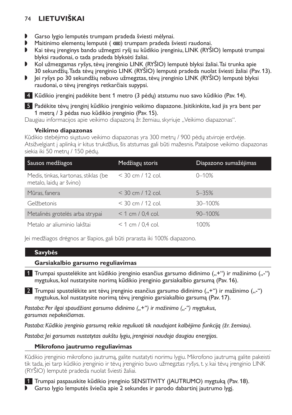 Veikimo diapazonas, Savybės, Garsiakalbio garsumo reguliavimas | Mikrofono jautrumo reguliavimas | Philips SCD498 User Manual | Page 74 / 160