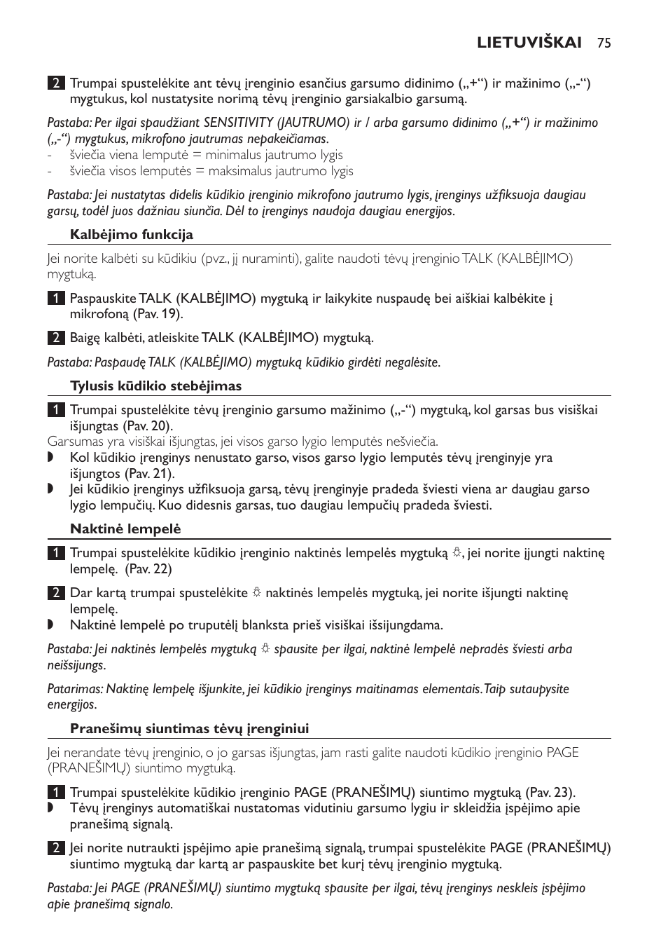 Kalbėjimo funkcija, Tylusis kūdikio stebėjimas, Naktinė lempelė | Pranešimų siuntimas tėvų įrenginiui | Philips SCD498 User Manual | Page 75 / 160