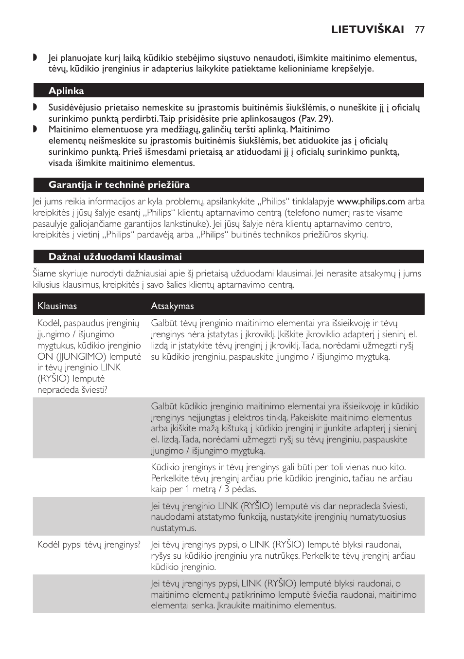 Aplinka, Garantija ir techninė priežiūra, Dažnai užduodami klausimai | Philips SCD498 User Manual | Page 77 / 160