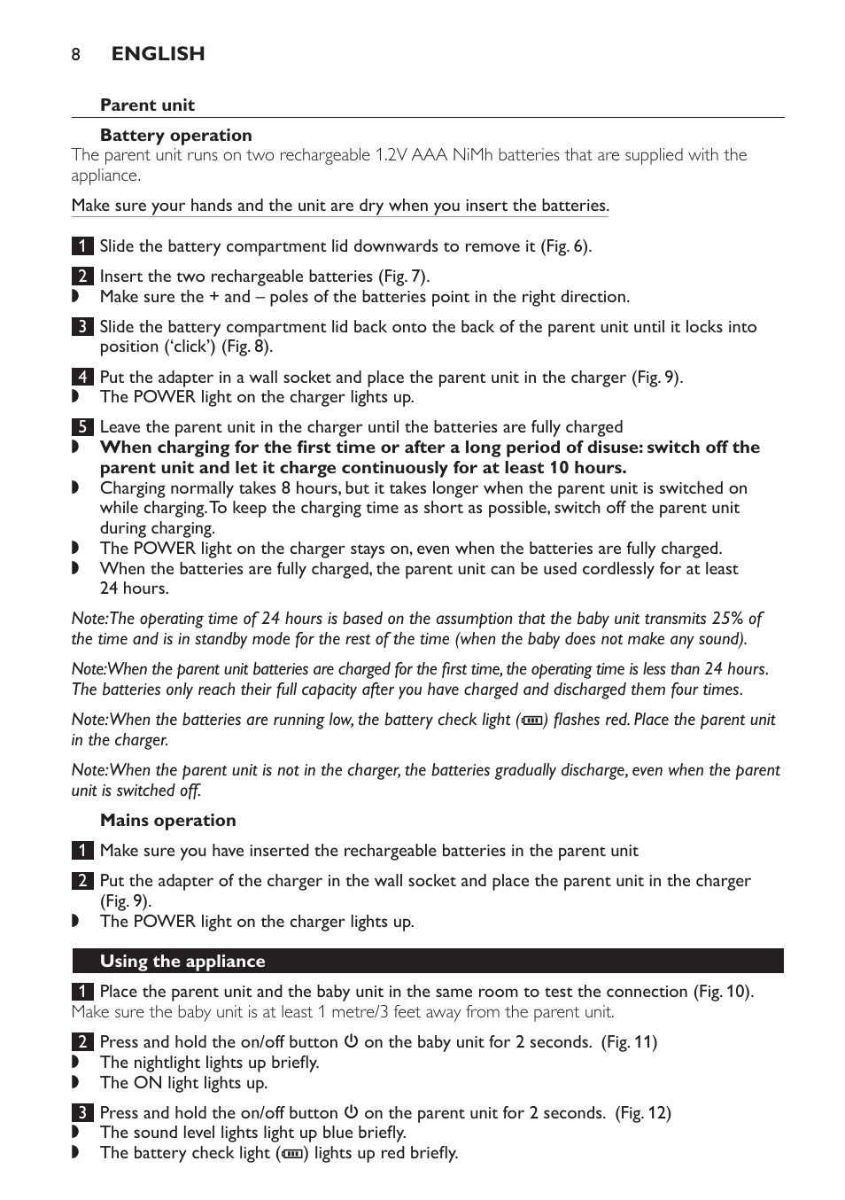 Parent unit, Battery operation, Mains operation | Using the appliance | Philips SCD498 User Manual | Page 8 / 160