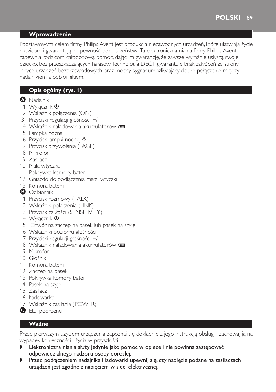 Polski, Wprowadzenie, Opis ogólny (rys. 1) | Ważne | Philips SCD498 User Manual | Page 89 / 160