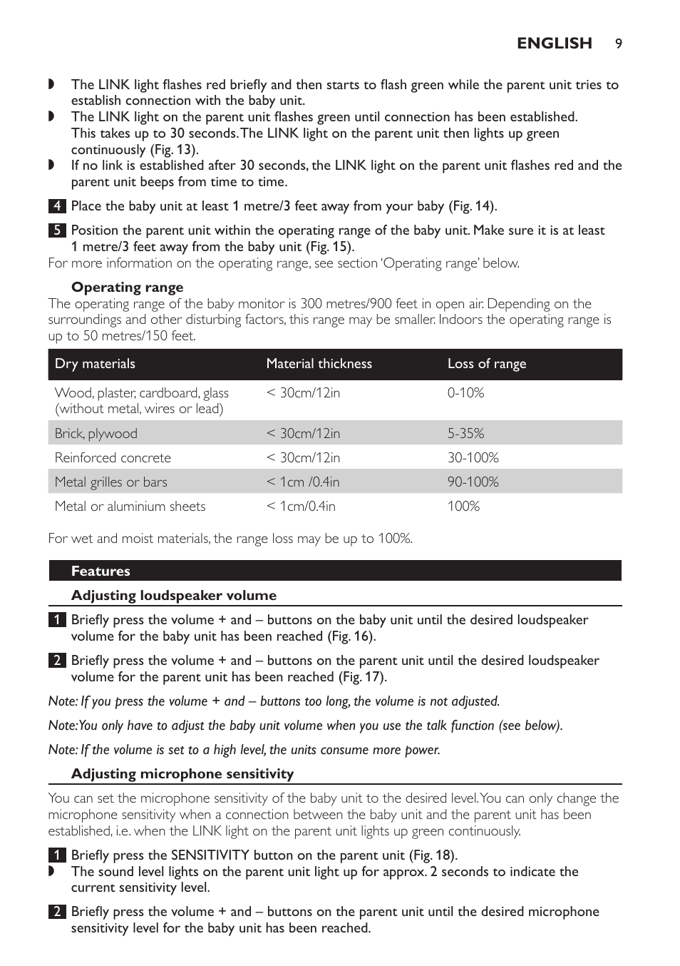 Operating range, Features, Adjusting loudspeaker volume | Adjusting microphone sensitivity | Philips SCD498 User Manual | Page 9 / 160