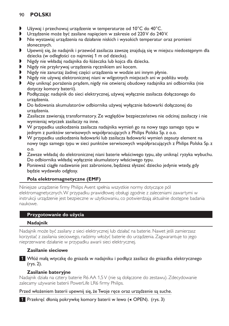 Pola elektromagnetyczne (emf), Przygotowanie do użycia, Nadajnik | Zasilanie sieciowe, Zasilanie bateryjne | Philips SCD498 User Manual | Page 90 / 160