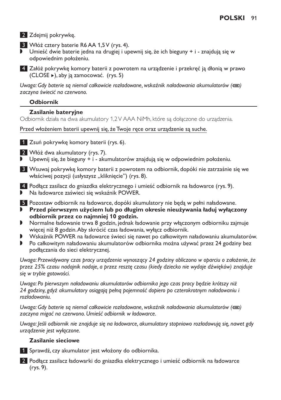 Odbiornik, Zasilanie bateryjne, Zasilanie sieciowe | Philips SCD498 User Manual | Page 91 / 160