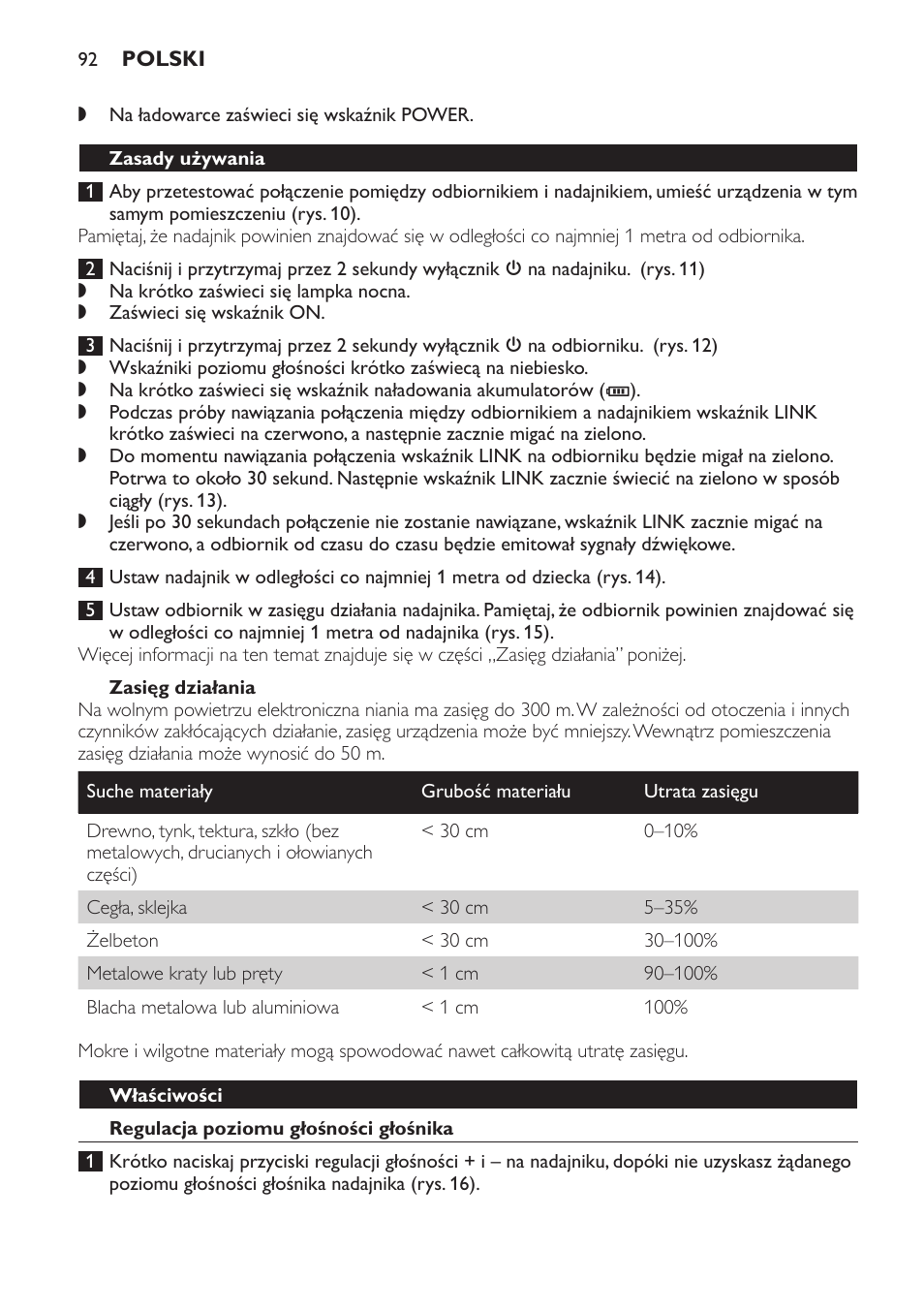 Zasięg działania, Zasady używania, Właściwości | Regulacja poziomu głośności głośnika | Philips SCD498 User Manual | Page 92 / 160