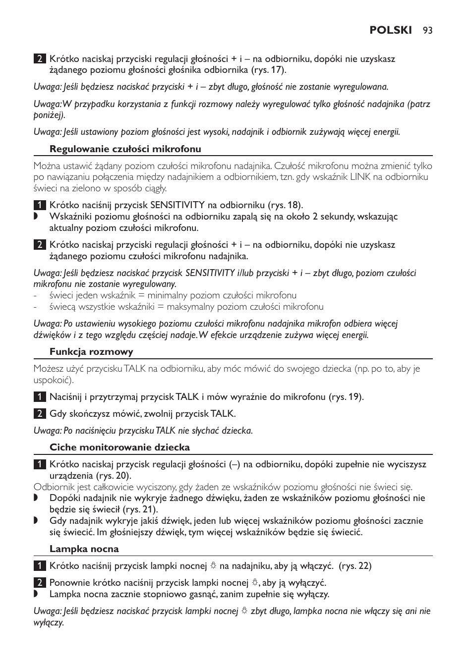 Regulowanie czułości mikrofonu, Funkcja rozmowy, Ciche monitorowanie dziecka | Lampka nocna | Philips SCD498 User Manual | Page 93 / 160