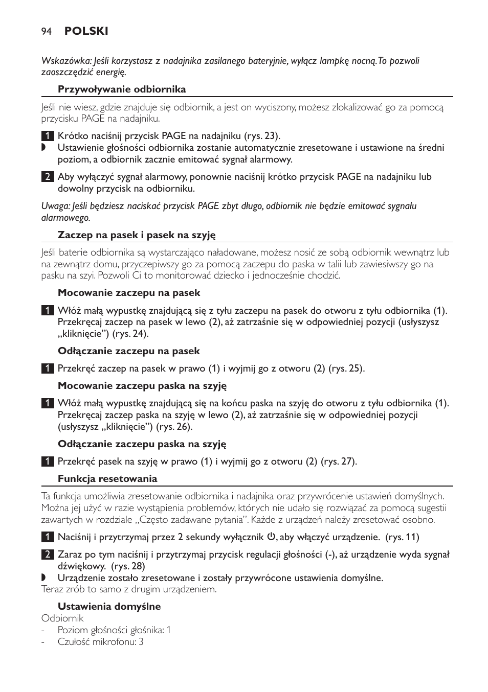 Przywoływanie odbiornika, Zaczep na pasek i pasek na szyję, Mocowanie zaczepu na pasek | Odłączanie zaczepu na pasek, Mocowanie zaczepu paska na szyję, Odłączanie zaczepu paska na szyję, Funkcja resetowania, Ustawienia domyślne | Philips SCD498 User Manual | Page 94 / 160