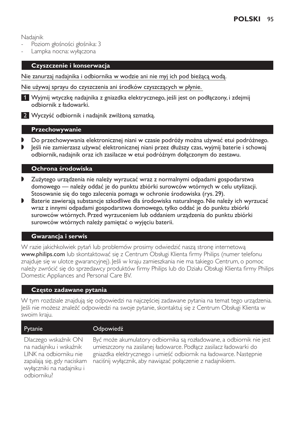 Czyszczenie i konserwacja, Przechowywanie, Ochrona środowiska | Gwarancja i serwis, Często zadawane pytania | Philips SCD498 User Manual | Page 95 / 160