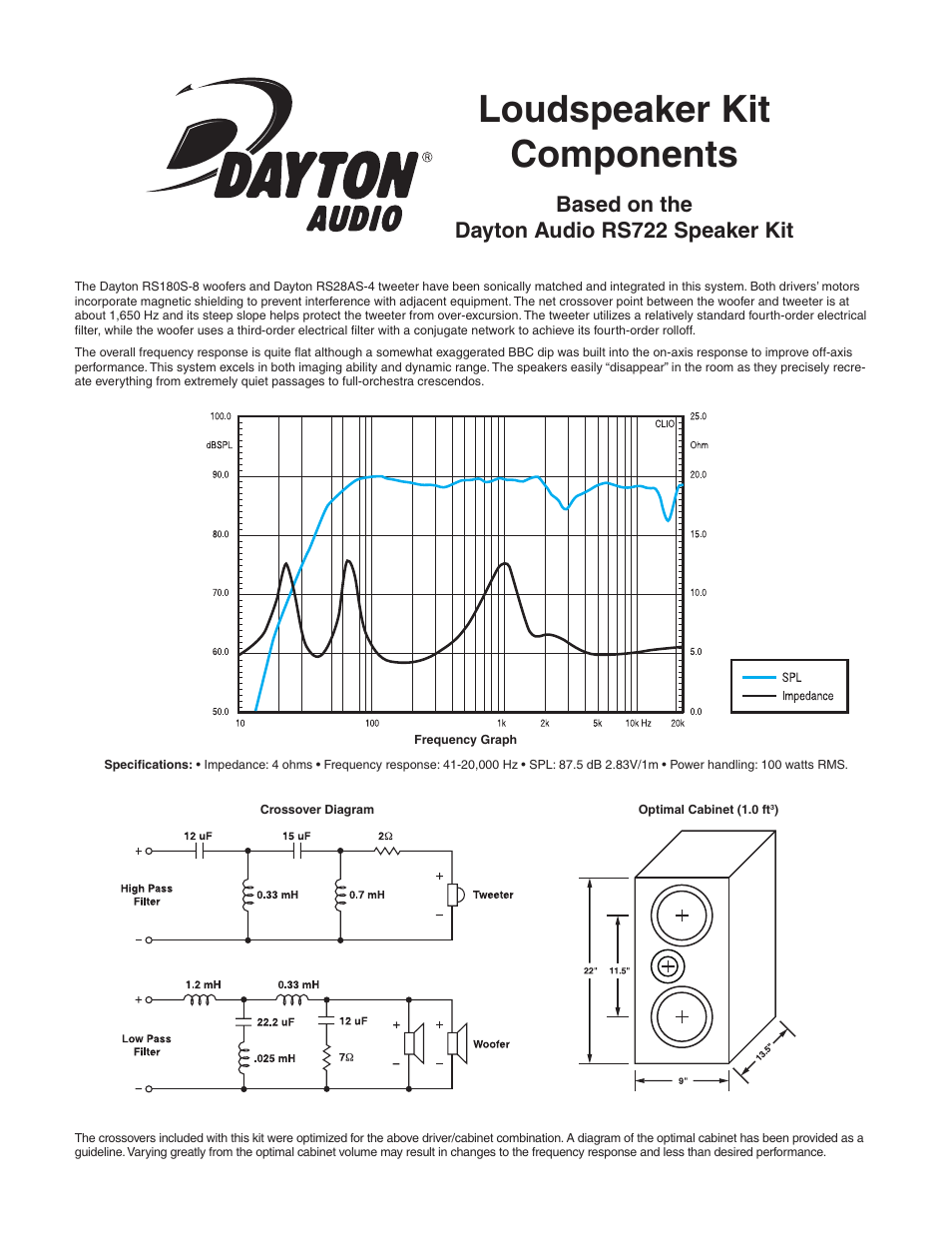 Dayton Audio RS722 Speaker Kit w User Manual | 2 pages