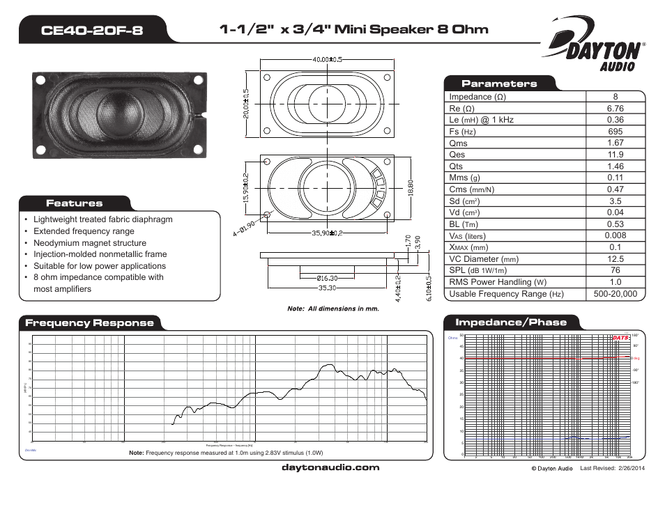 Dayton Audio CE40-20F-8 1-1 User Manual | 1 page