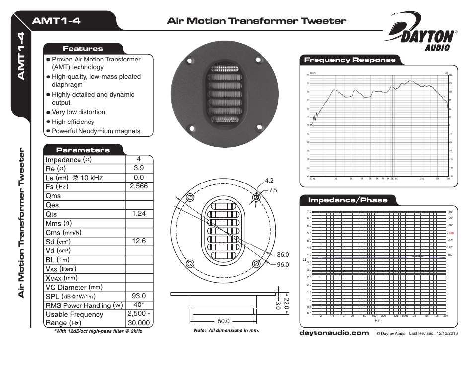 Dayton Audio AMT1-4 Air Motion Transformer Tweeter 4 Ohm User Manual | 1 page