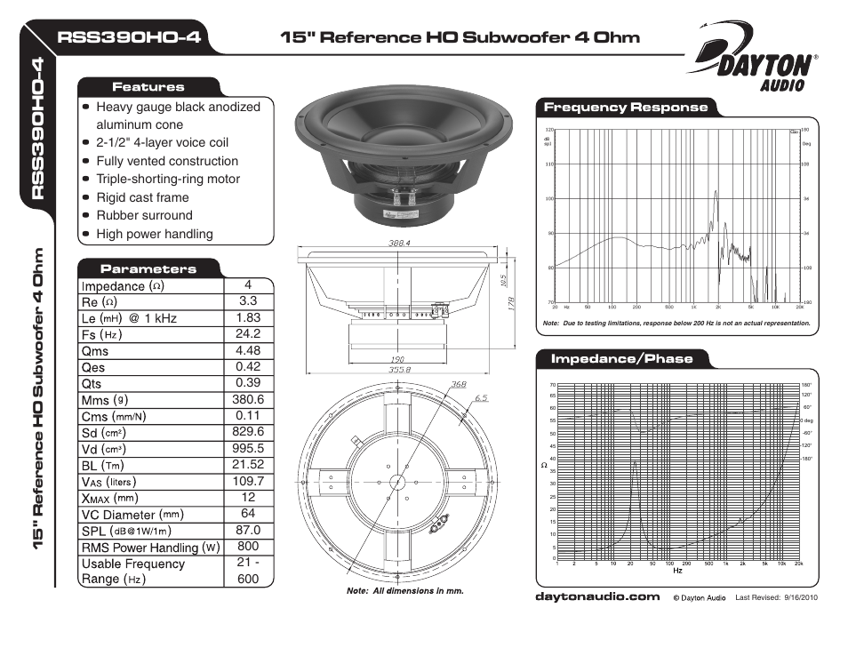 Dayton Audio RSS390HO-4 15" Reference HO Subwoofer 4 Ohm User Manual | 1 page