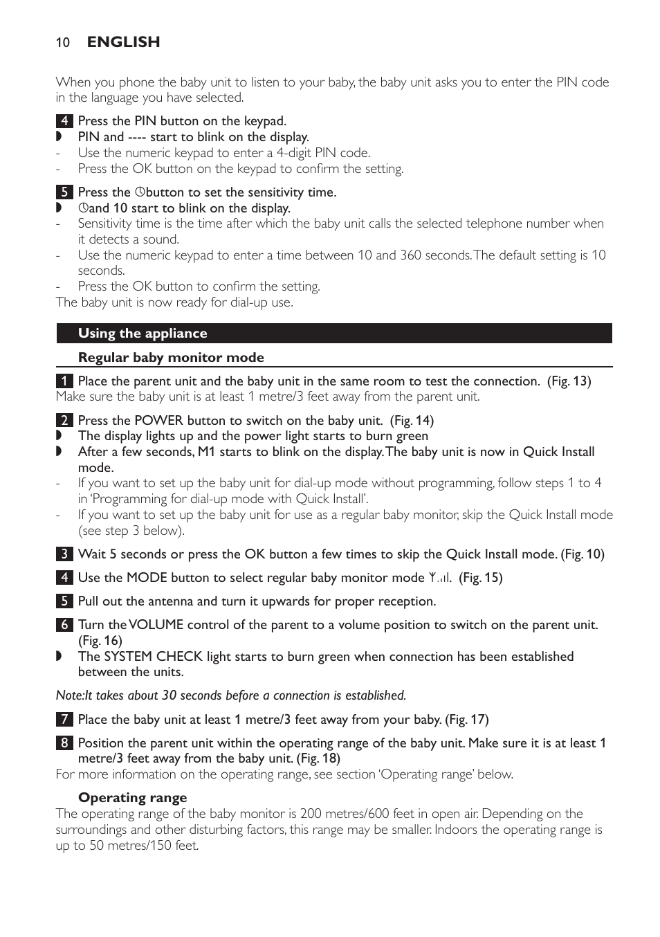 Using the appliance, Regular baby monitor mode, Operating range | Philips SCD469 User Manual | Page 10 / 236