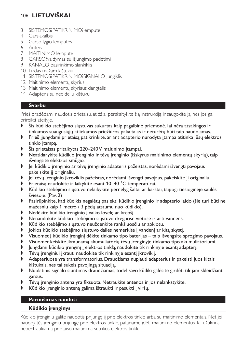 Svarbu, Paruošimas naudoti, Kūdikio įrenginys | Philips SCD469 User Manual | Page 106 / 236