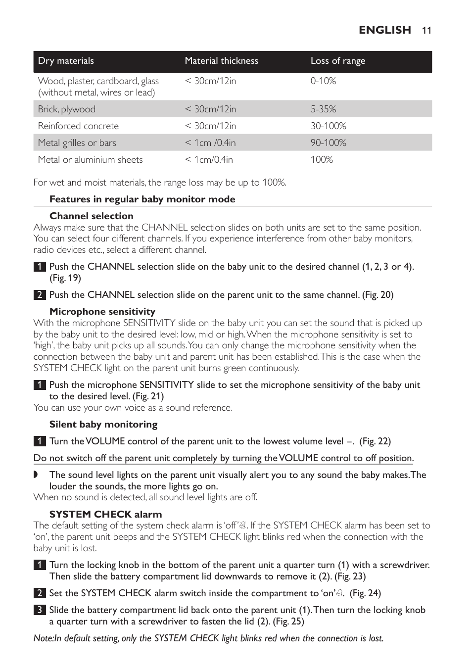 Features in regular baby monitor mode, Channel selection, Microphone sensitivity | Silent baby monitoring, System check alarm | Philips SCD469 User Manual | Page 11 / 236