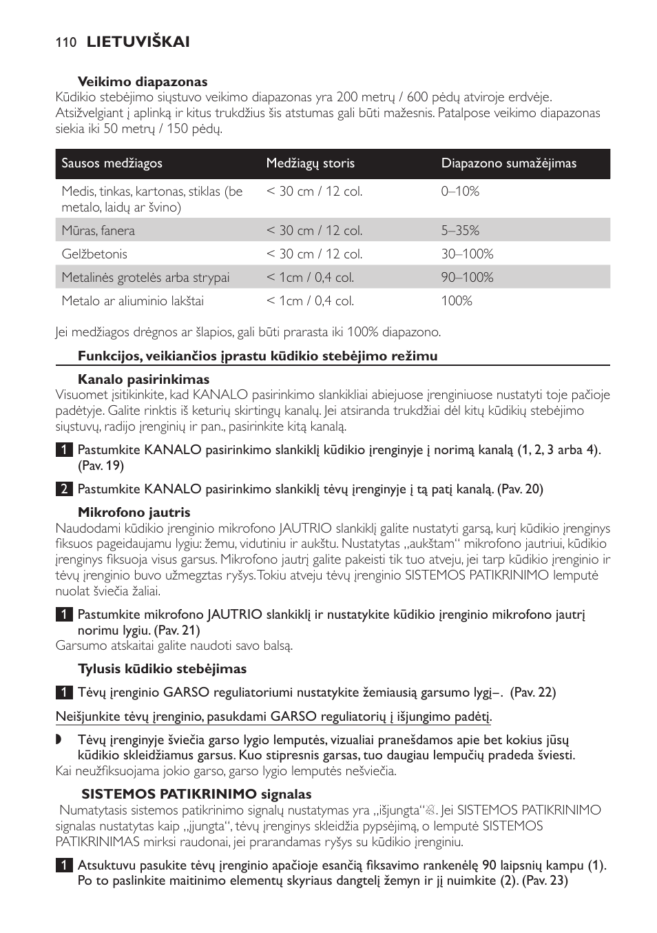 Veikimo diapazonas, Kanalo pasirinkimas, Mikrofono jautris | Tylusis kūdikio stebėjimas, Sistemos patikrinimo signalas | Philips SCD469 User Manual | Page 110 / 236