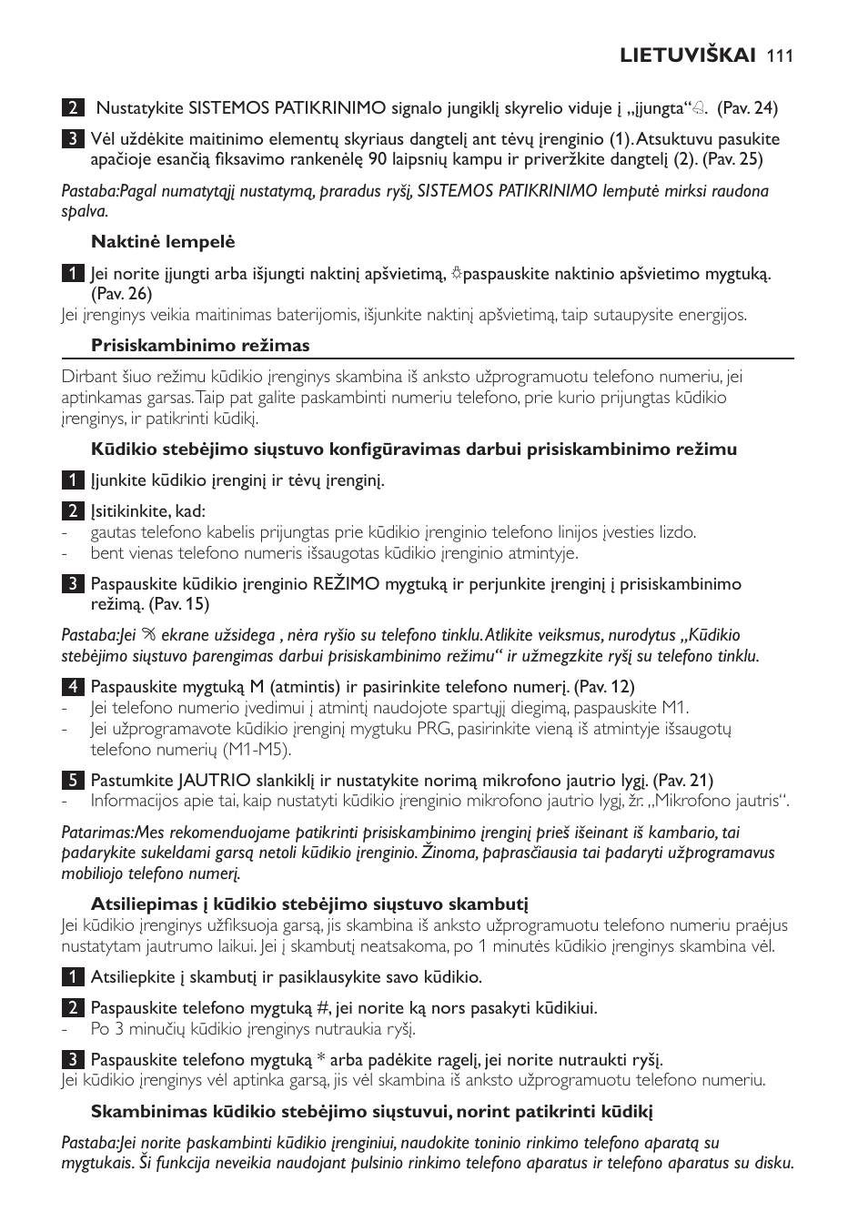 Naktinė lempelė, Prisiskambinimo režimas, Atsiliepimas į kūdikio stebėjimo siųstuvo skambutį | Philips SCD469 User Manual | Page 111 / 236