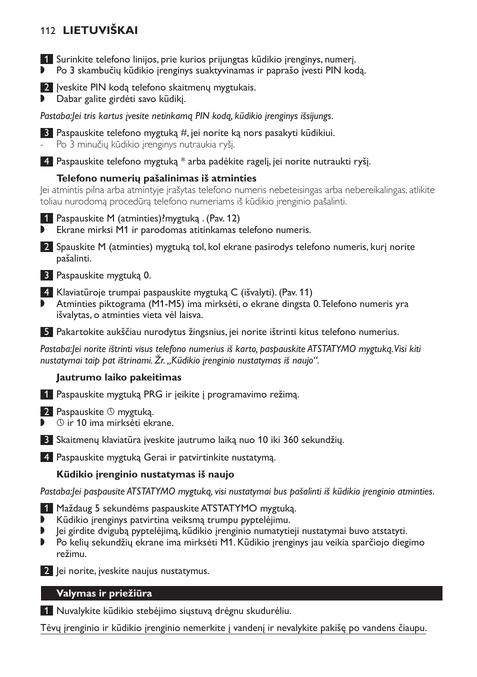 Telefono numerių pašalinimas iš atminties, Jautrumo laiko pakeitimas, Kūdikio įrenginio nustatymas iš naujo | Valymas ir priežiūra | Philips SCD469 User Manual | Page 112 / 236