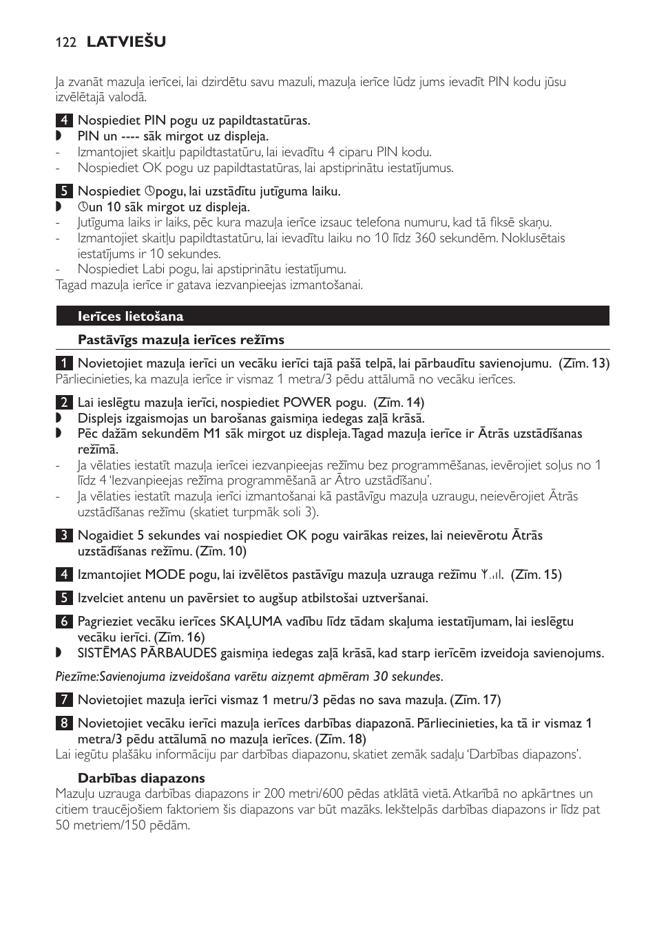 Ierīces lietošana, Pastāvīgs mazuļa ierīces režīms, Darbības diapazons | Philips SCD469 User Manual | Page 122 / 236