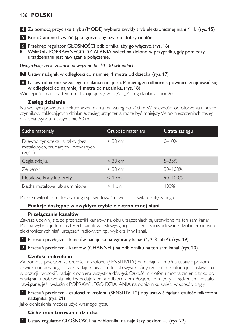 Zasięg działania, Przełączanie kanałów, Czułość mikrofonu | Ciche monitorowanie dziecka | Philips SCD469 User Manual | Page 136 / 236