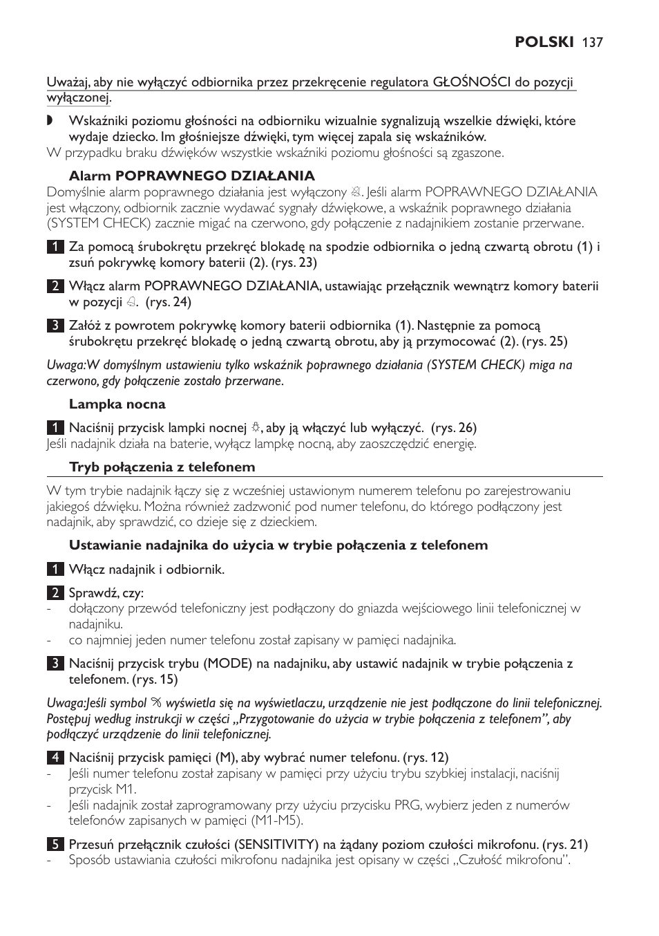 Alarm poprawnego działania, Lampka nocna, Tryb połączenia z telefonem | Philips SCD469 User Manual | Page 137 / 236