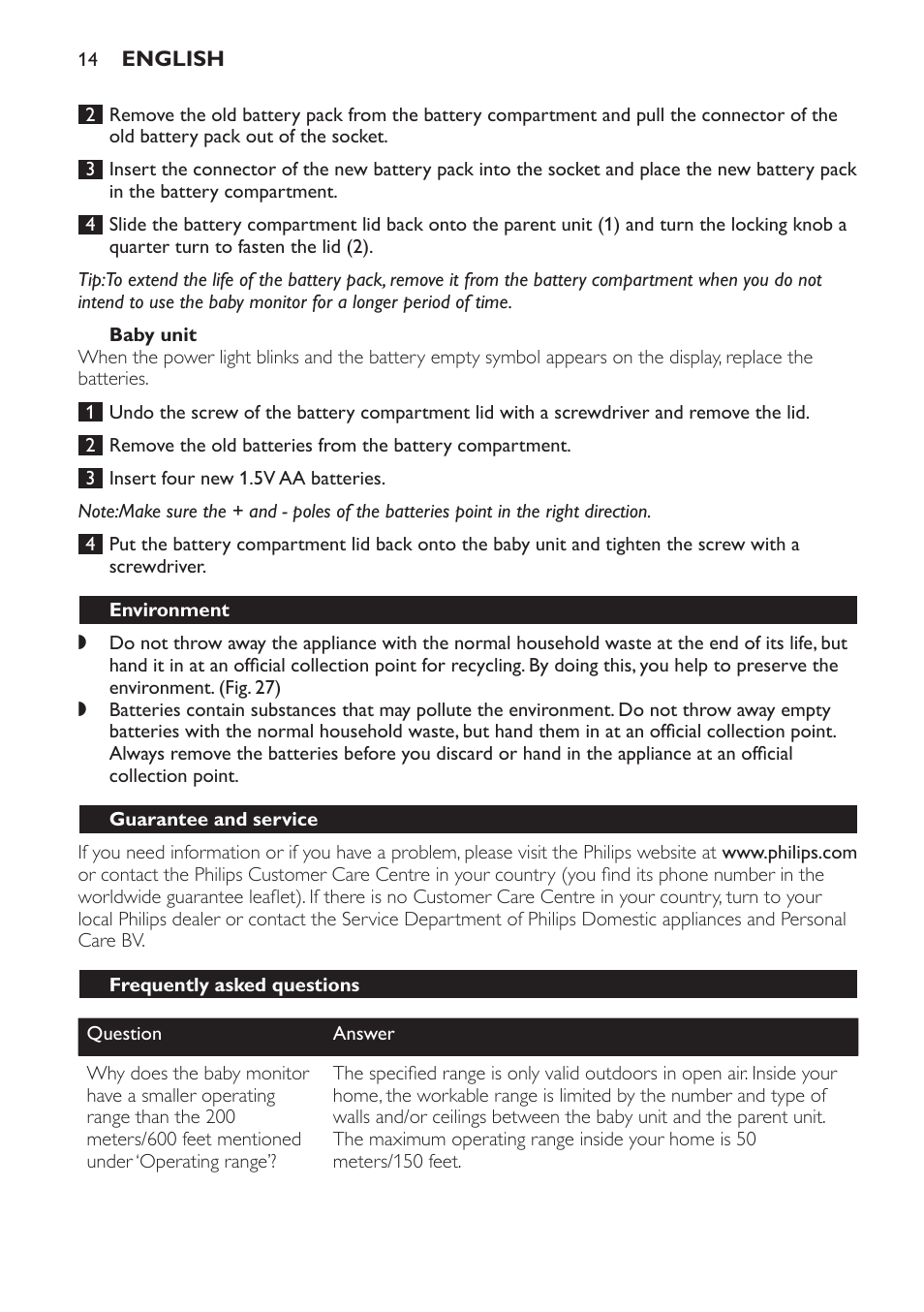 Baby unit, Environment, Guarantee and service | Frequently asked questions | Philips SCD469 User Manual | Page 14 / 236