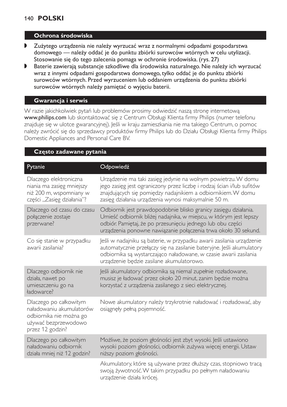 Ochrona środowiska, Gwarancja i serwis, Często zadawane pytania | Philips SCD469 User Manual | Page 140 / 236