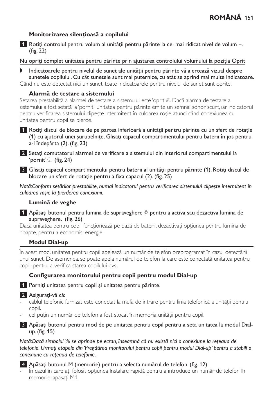 Alarmă de testare a sistemului, Lumină de veghe, Modul dial-up | Philips SCD469 User Manual | Page 151 / 236