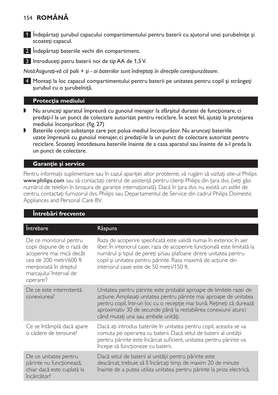 Protecţia mediului, Garanţie şi service, Întrebări frecvente | Philips SCD469 User Manual | Page 154 / 236