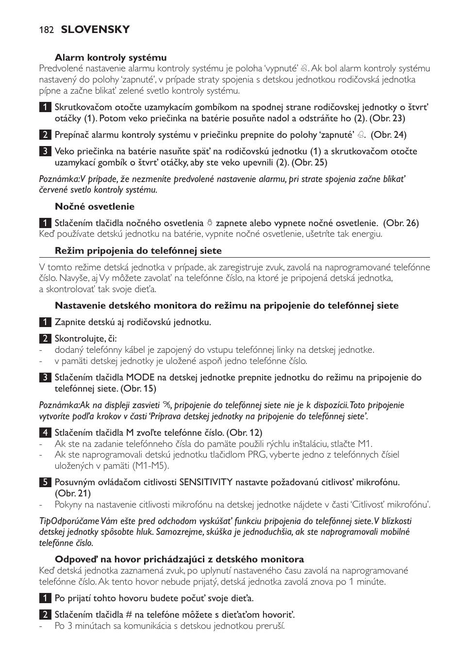 Alarm kontroly systému, Nočné osvetlenie, Režim pripojenia do telefónnej siete | Odpoveď na hovor prichádzajúci z detského monitora | Philips SCD469 User Manual | Page 182 / 236